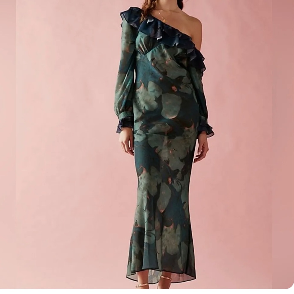 Stone Cold Fox Forest Green One-Shoulder Ruffle Maxi Dress